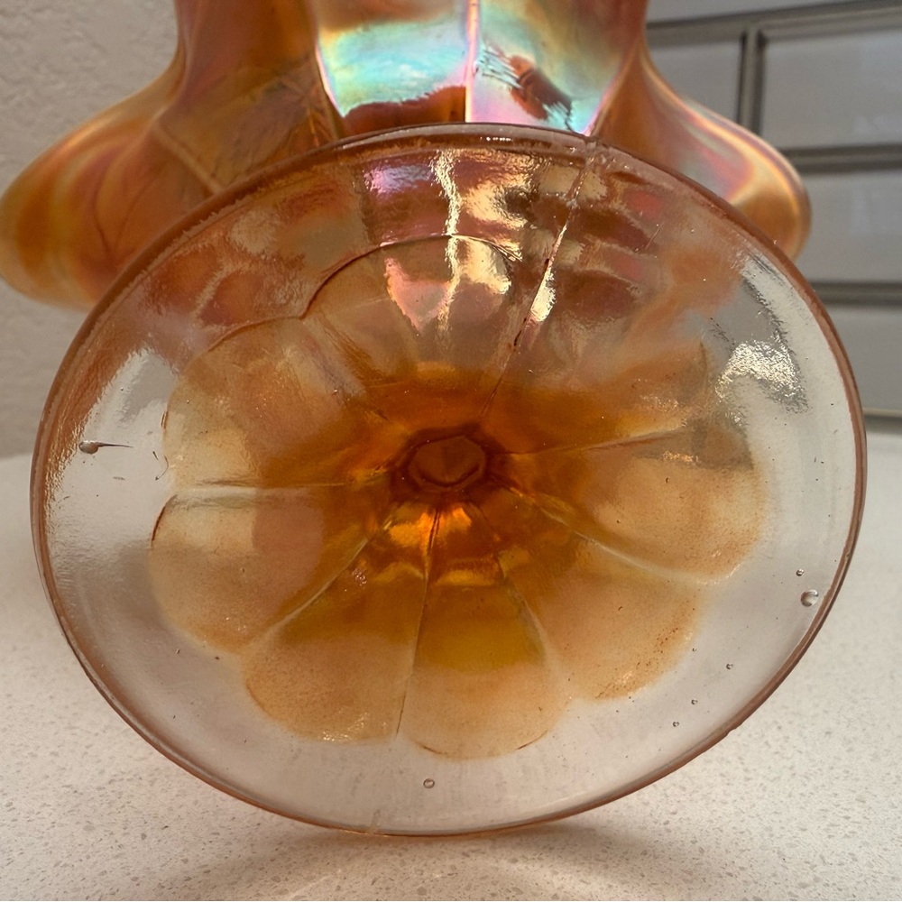 Vintage Carnival Glass Marigold Ruffled Edges Footed Bowl Iridescent Floral - Picture 10 of 17